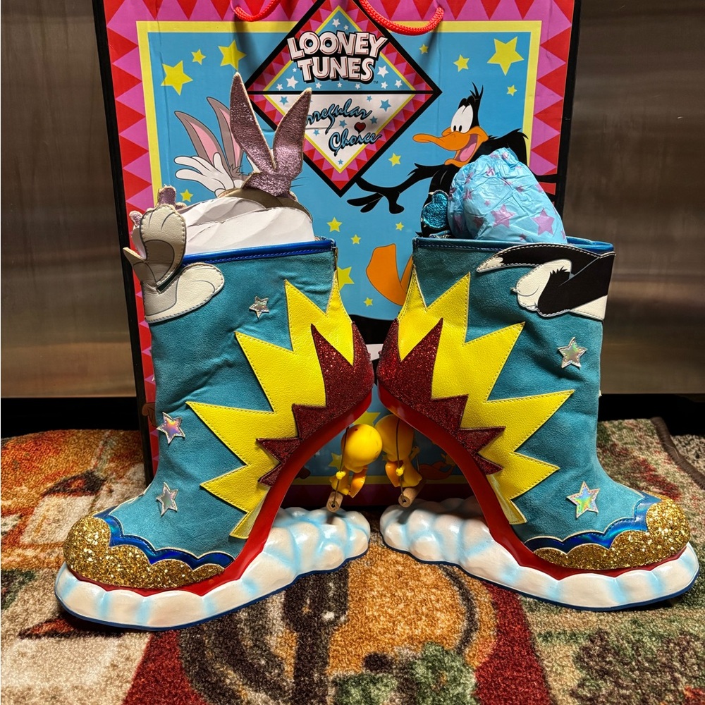 Irregular Choice Looney Tunes Blue and Yellow Ankle Boots - Picture 5 of 6